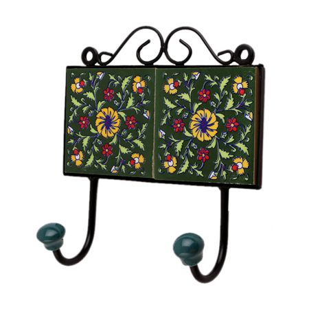 Green Floral Ceramic Tiles Hooks-463 (Set Of Ine Piece)